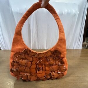 Paolo Masi Shoulder Bag Womens Medium Orange Leather Rose Applique Purse Italy